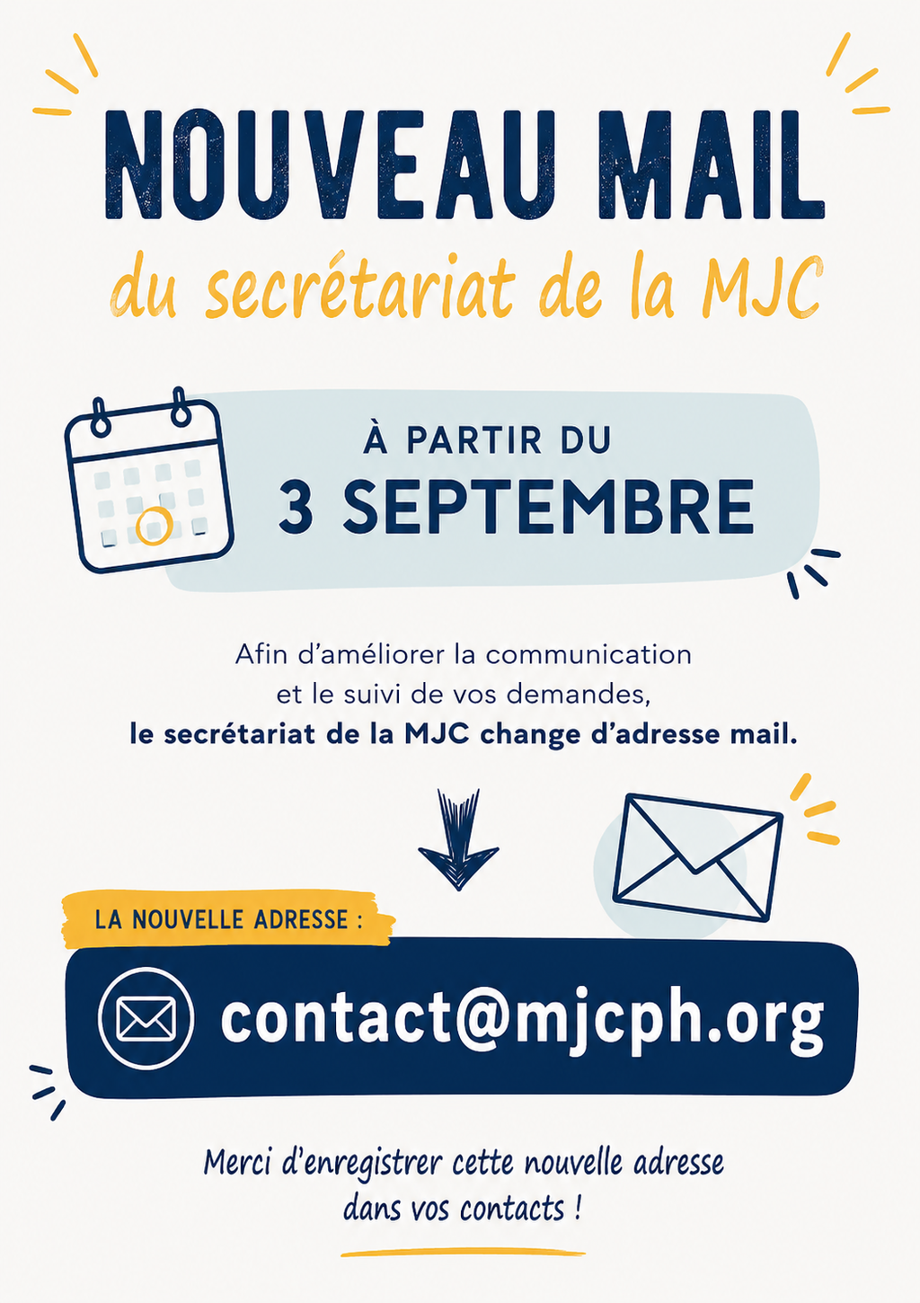 Changement adresse e-mail du secrétariat de la MJC Centre Social Petite-Hollande